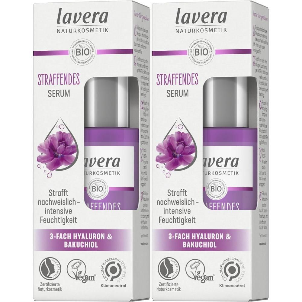 Zwei Packungen Serum. Aufschrift: LAVERA, STRAFFENDES SERUM, 3-FACH HYALURON & BAKUCHIOL. Bio-Siegel und Vegan-Logo.