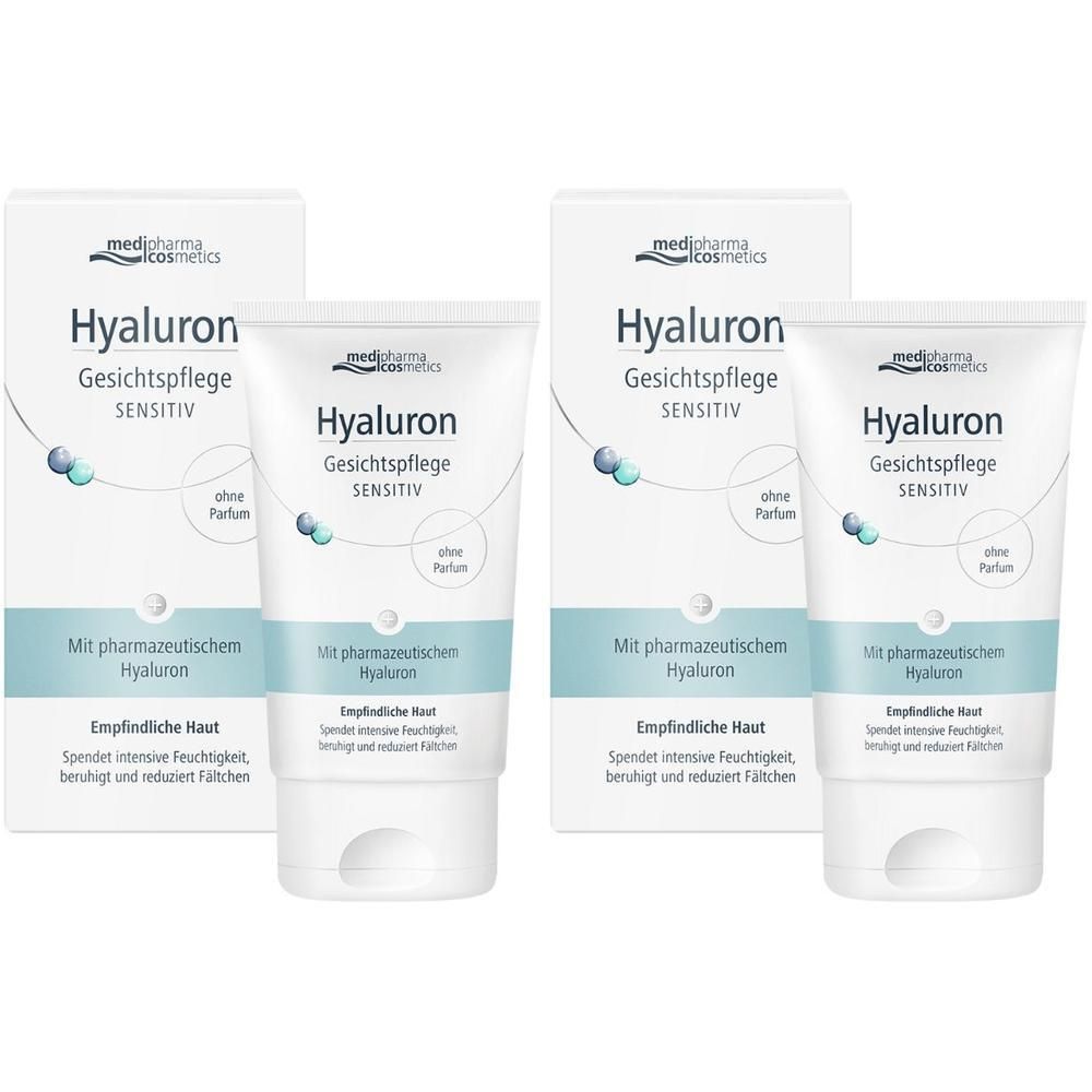 Zwei Packungen und zwei Tuben HYALURON GESICHTSPFLEGE sensitive Creme. Weiße Tuben mit blauer Schrift und Verpackung.