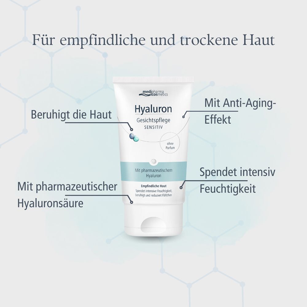 Tube HYALURON GESICHTSPFLEGE sensitive Creme. Weiße Tube mit blauer Schrift. Text: Beruhigt die Haut, spendet Feuchtigkeit, Anti-Aging.