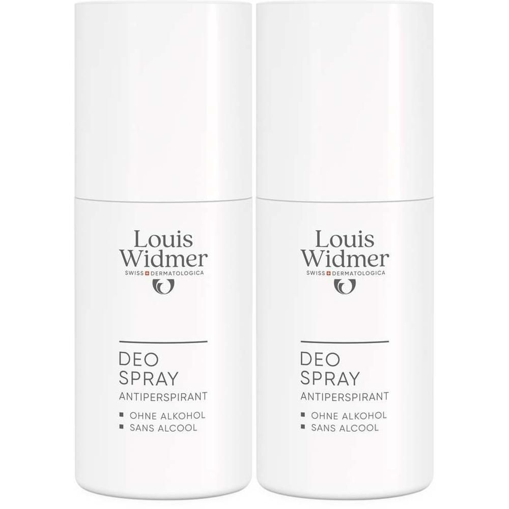 Zwei weiße Deo-Spray-Flaschen. Aufschrift: Louis Widmer, Deo Spray Antiperspirant, ohne Alkohol.