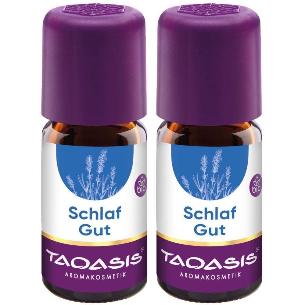 Zwei kleine Glasflaschen mit lila Deckel. Auf den Etiketten steht "Schlaf Gut" und "TAOASIS Aromakosmetik". Bio-Siegel.