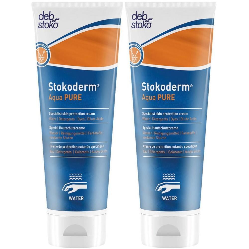 Zwei Tuben Stokoderm Aqua Pure Hautschutzcreme. Blaue und orangefarbene Verpackung mit Produktnamen und Logo. Enthält Text in mehreren Sprachen.
