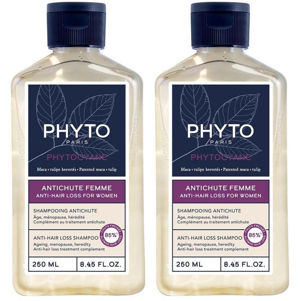 Zwei Flaschen Shampoo mit Etikett. Aufschrift: PHYTOCYANE, Anti-Haarausfall Shampoo für Frauen. 250 ml.