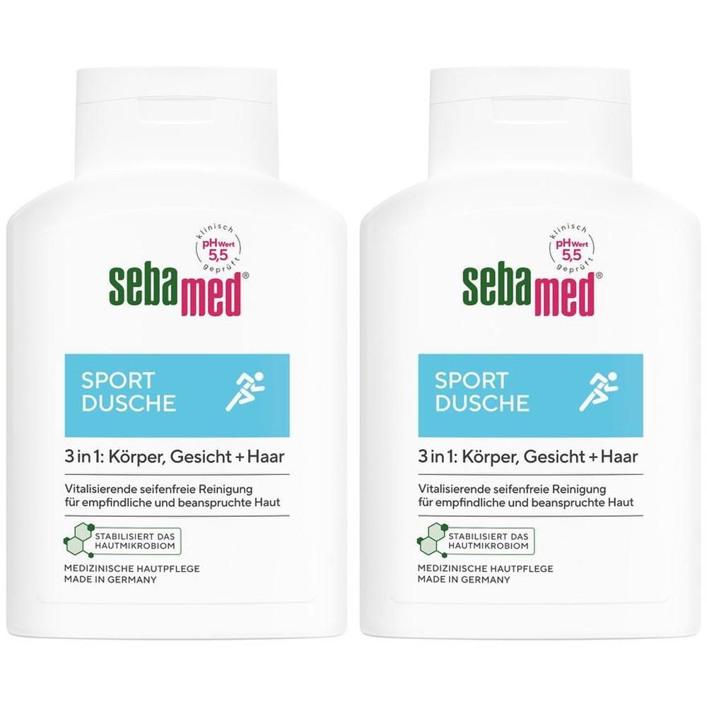 Zwei weiße Flaschen mit blauen Etiketten. Aufschrift: sebamed, SPORT DUSCHE, 3 in 1. Enthält pH-Wert 5,5.