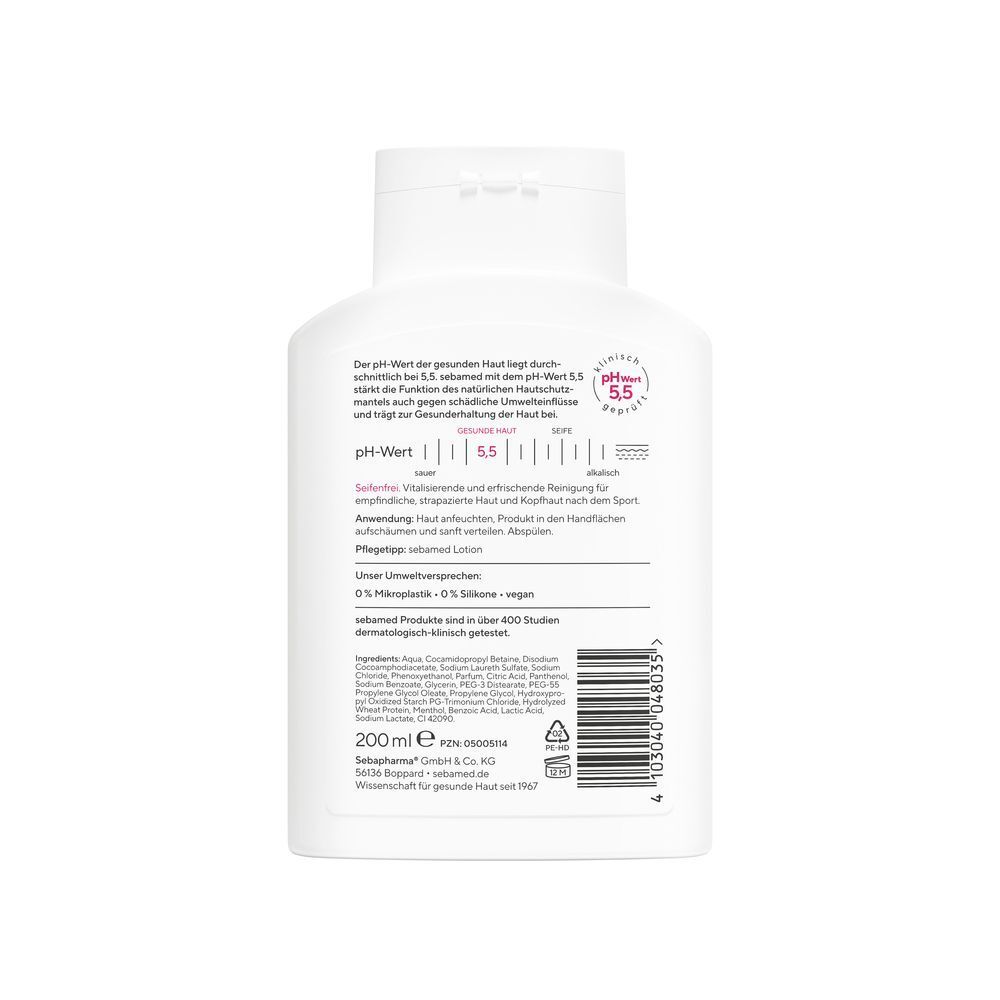 Rückseite einer weißen Flasche. Text: pH-Wert 5,5, Inhaltsstoffe, 200ml. Mit Barcode und Logo.