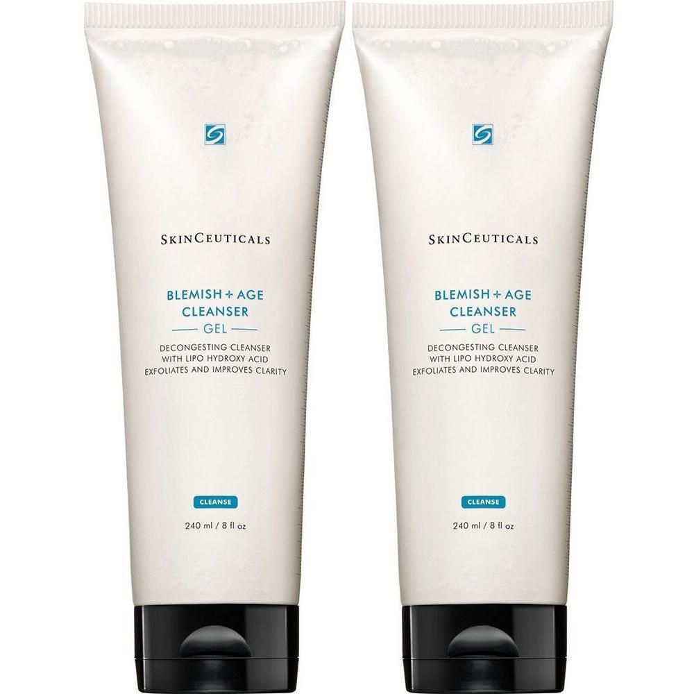 Zwei Tuben Skinceuticals Blemish+Age Cleanser Gel. Weiße Tuben mit schwarzem Verschluss. Text: Blemish + Age Cleanser Gel.