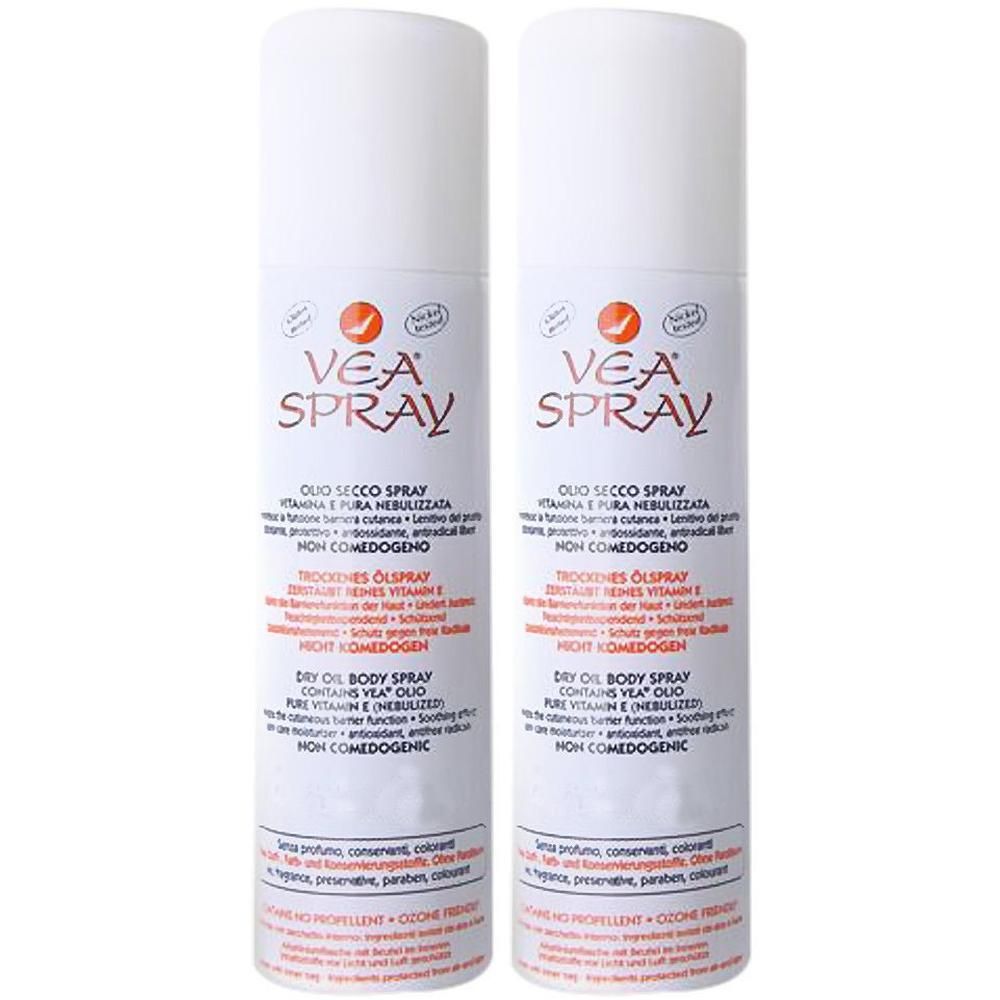 Zwei weiße Sprühflaschen mit roter und schwarzer Schrift. Aufschrift: VEA Spray. Text in italienischer, deutscher und englischer Sprache.