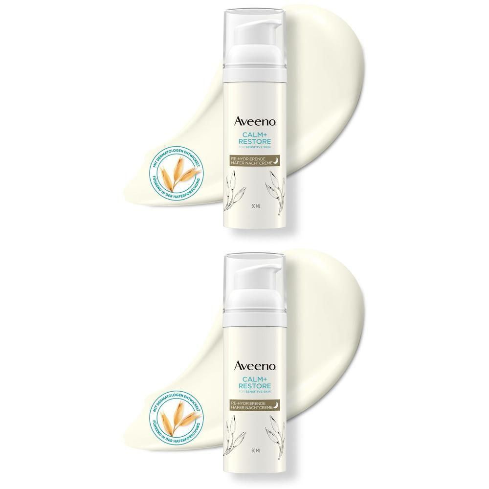 Zwei Flaschen Creme mit Spender. Auf Creme-Klecks platziert. Aufschrift: Aveeno Calm+ Restore. Hafer Nachtcr.