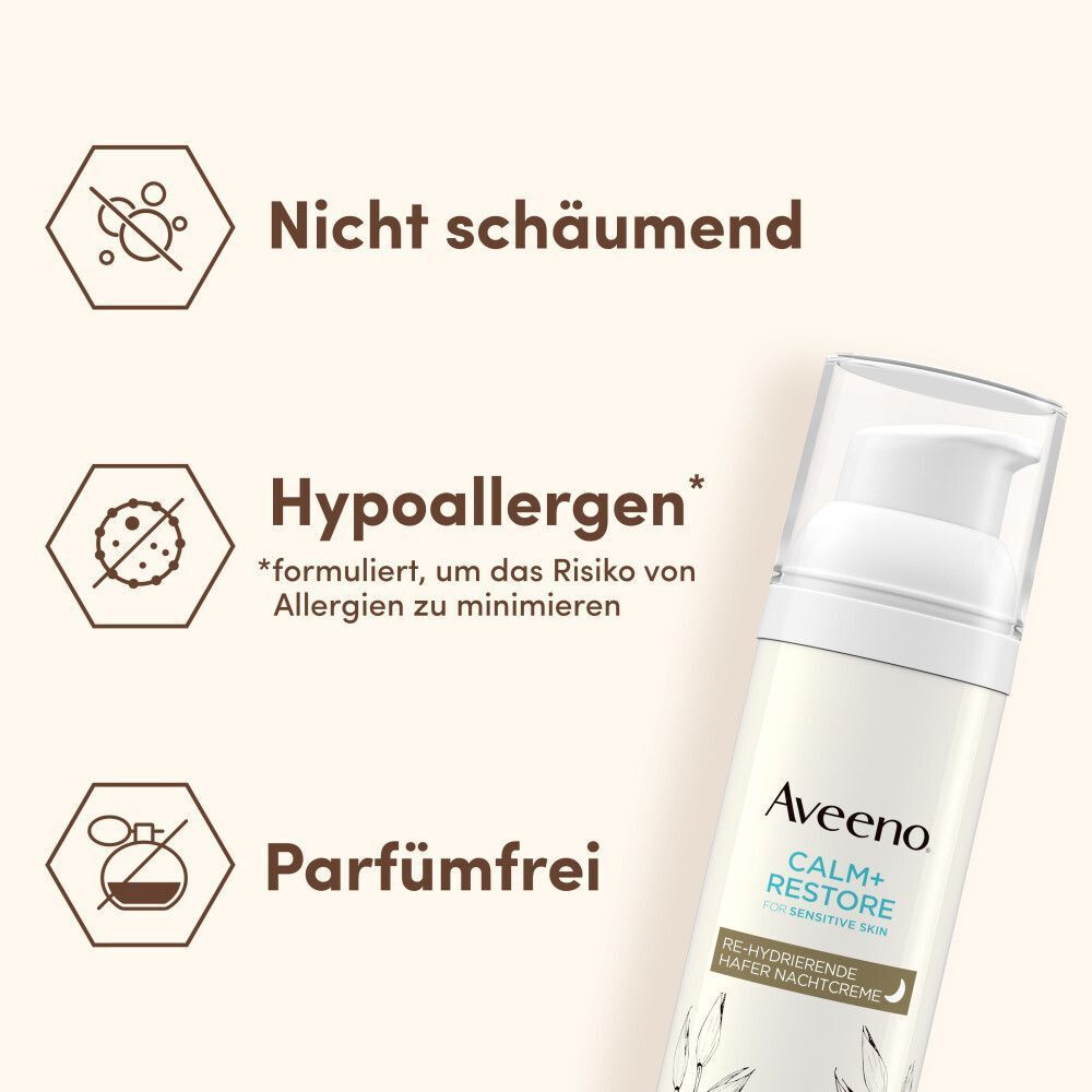 Flasche mit Aufschrift: Aveeno Calm+ Restore. Text: Nicht schäumend, Hypoallergen, Parfumfrei. Logo.