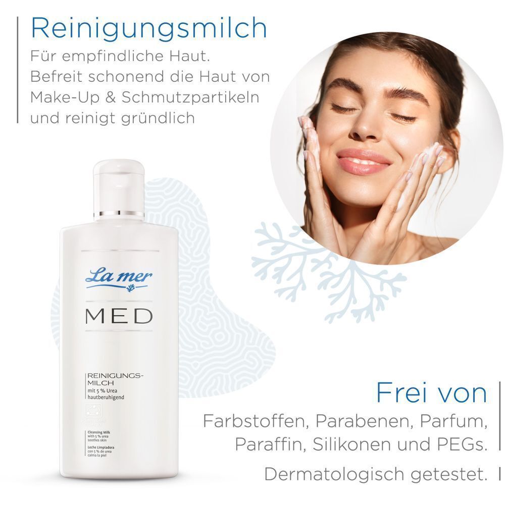 Frau wäscht Gesicht mit LA MER MED Reinigungsmilch. Text: Für empfindliche Haut. Frei von Farbstoffen, Parabenen, Parfum, Paraffin, Silikonen und PEGs.