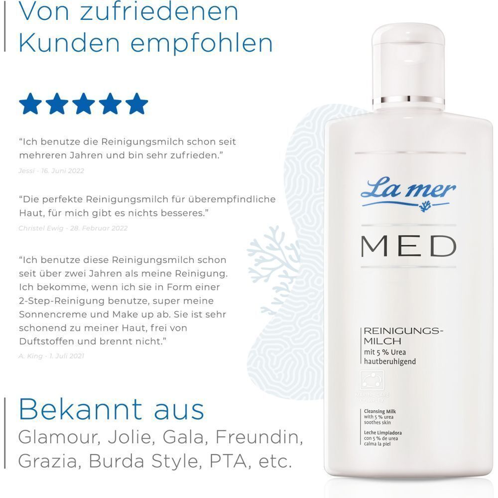 LA MER MED Reinigungsmilch mit Kundenbewertungen. Text: Von zufriedenen Kunden empfohlen. Bekannt aus Glamour, Jolie, Gala, etc.