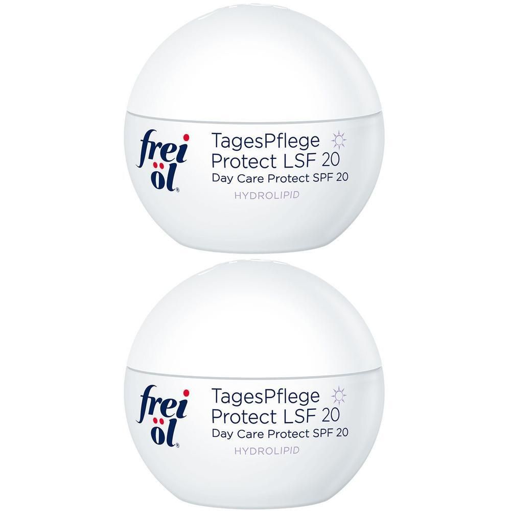 Zwei weiße Tiegel FREI ÖL TagesPflege Protect LSF 20. Aufschrift: Day Care Protect SPF 20. HYDRO LIPID.