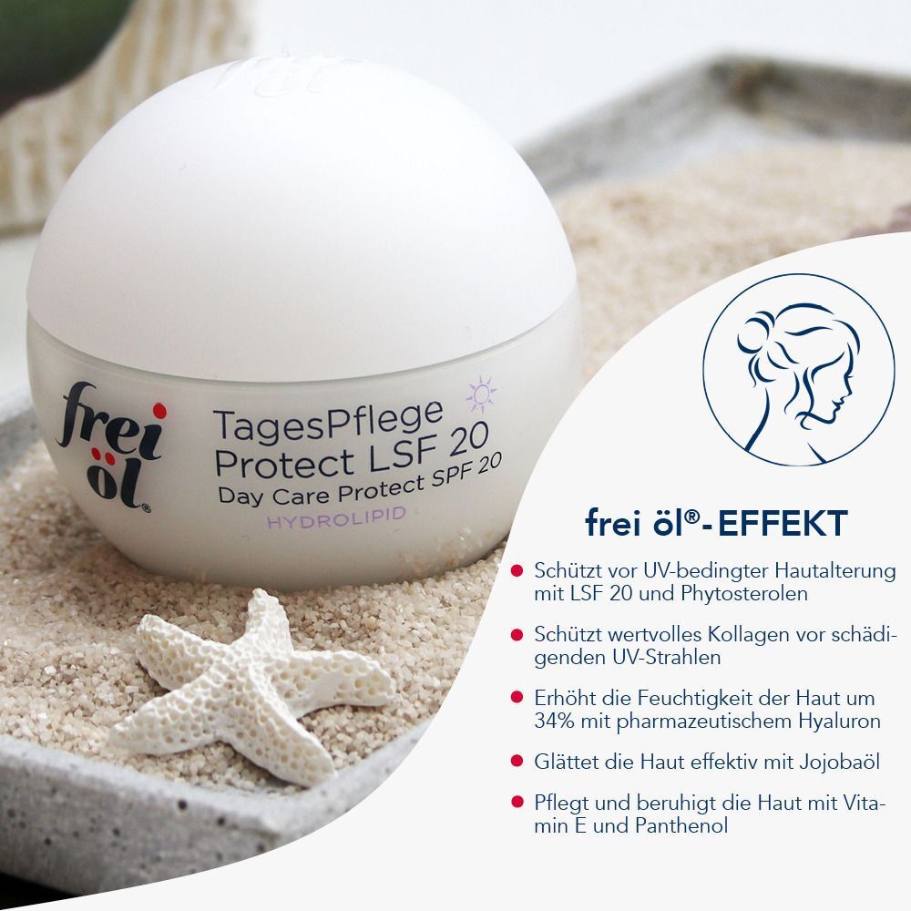 Weißer Tiegel FREI ÖL TagesPflege Protect LSF 20. Aufschrift: Day Care Protect SPF 20. HYDRO LIPID. Daneben Text und Illustration.