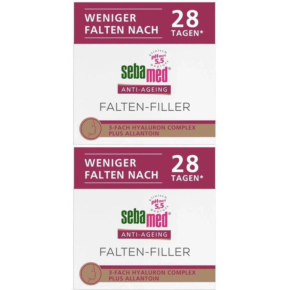 Zwei Falten-Filler-Verpackungen. Aufschrift: Sebamed Anti-Ageing, Falten-Filler, 3-fach Hyaluron Complex. Weniger Falten nach 28 Tagen.