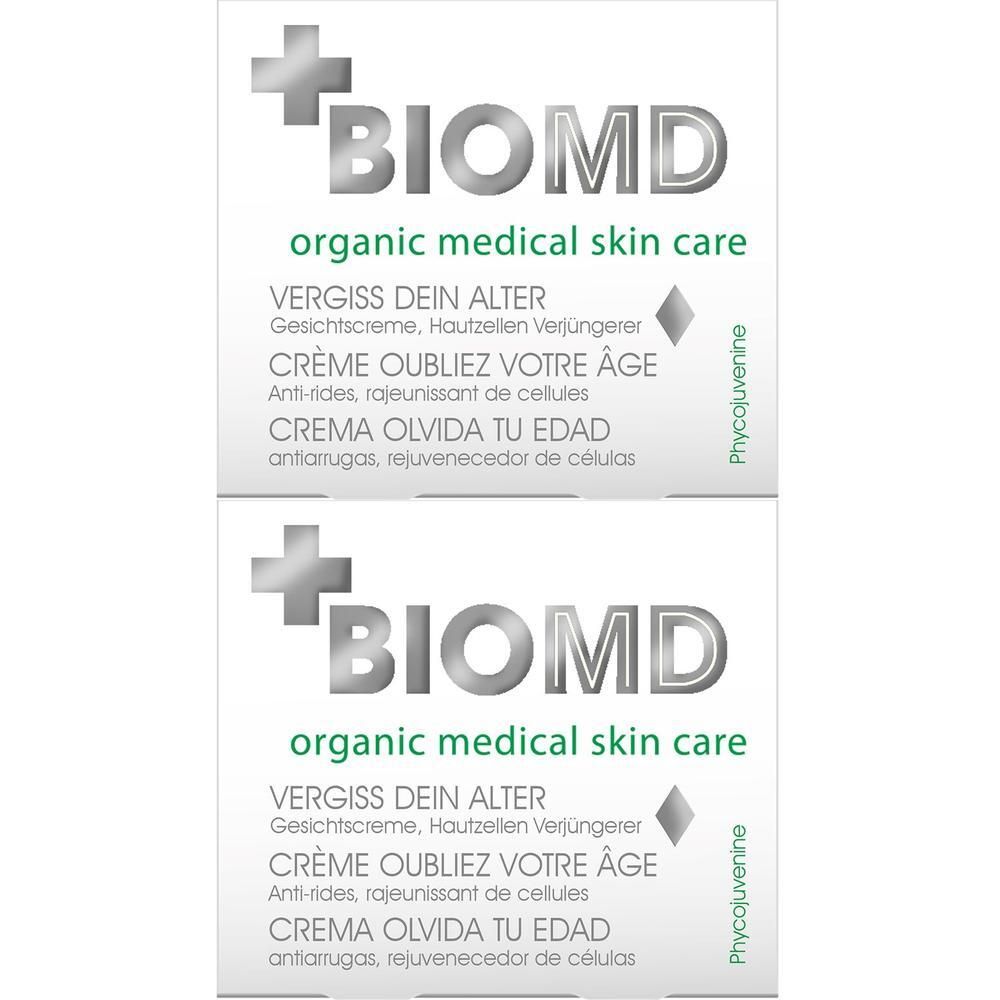 Zwei weiße Produktverpackungen mit BIOMD-Logo und Text. Aufschrift: Vergiss dein Alter Creme, Anti-Falten-Creme.