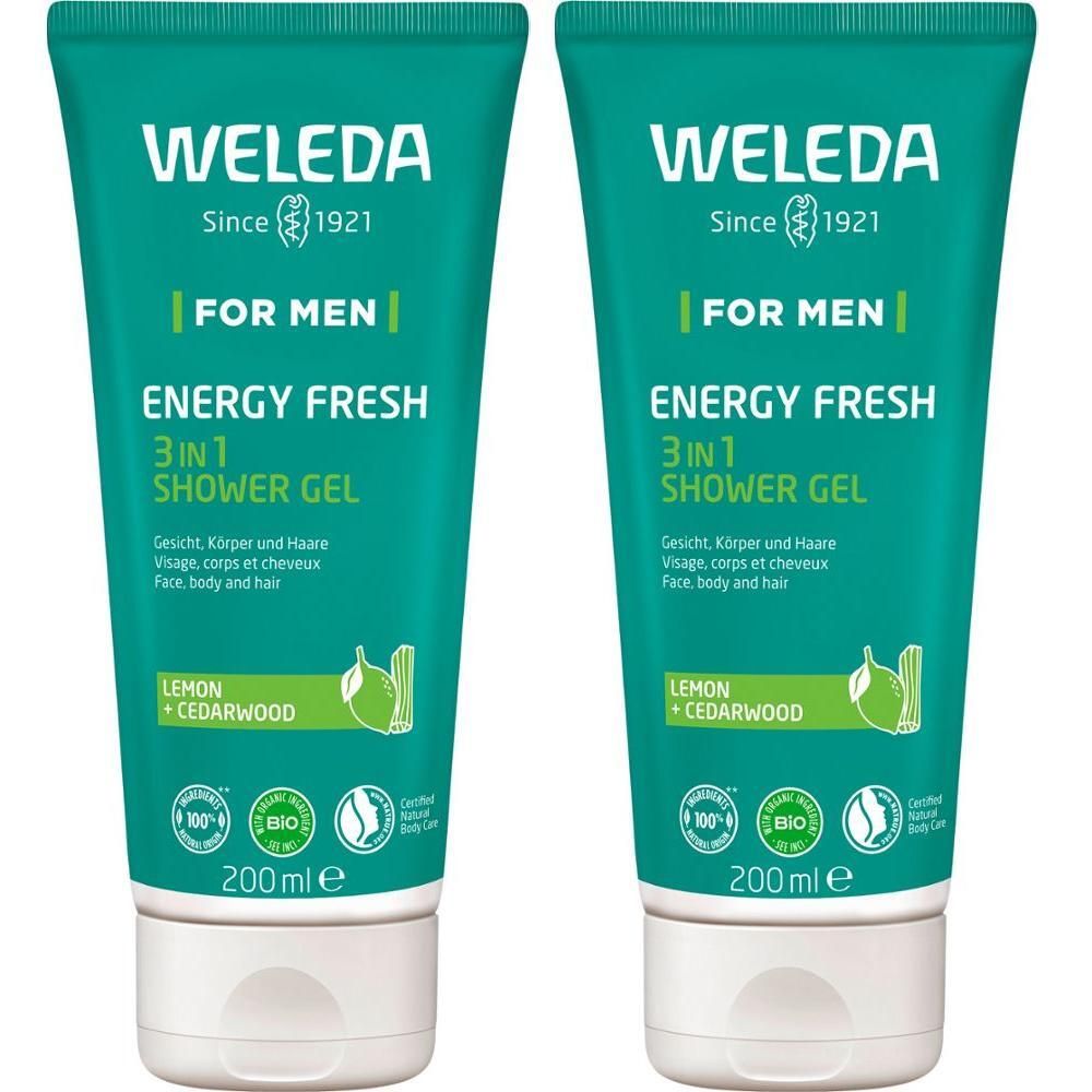 Zwei grüne Tuben Duschgel. Aufschrift: WELEDA, FOR MEN, ENERGY FRESH 3in1 Shower Gel. Mit Zitrone und Zedernholz. 200 ml.