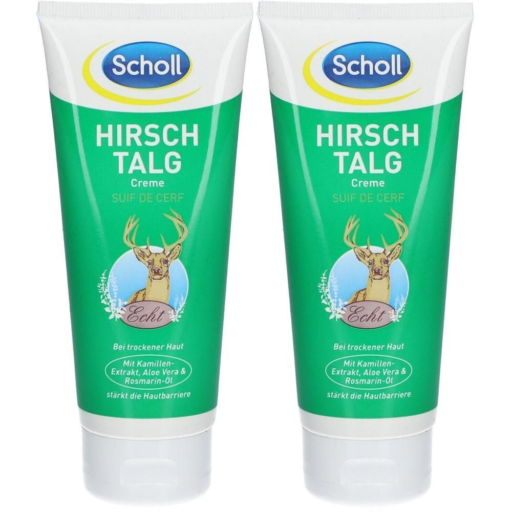 Zwei Tuben Creme mit grünem Design. Aufschrift: Hirsch Talg, Scholl. Mit Kamillenextrakt, Aloe Vera & Rosmarin-Öl.