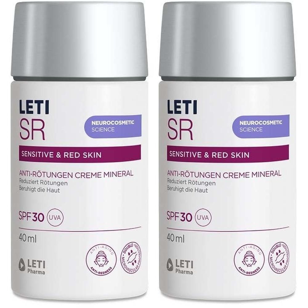 Zwei Flaschen LETI SR Anti-Rötungen Creme Mineral SPF 30. Weiße Flaschen mit silbernen Deckeln und lila Akzenten. Text: Sensitive & Red Skin.