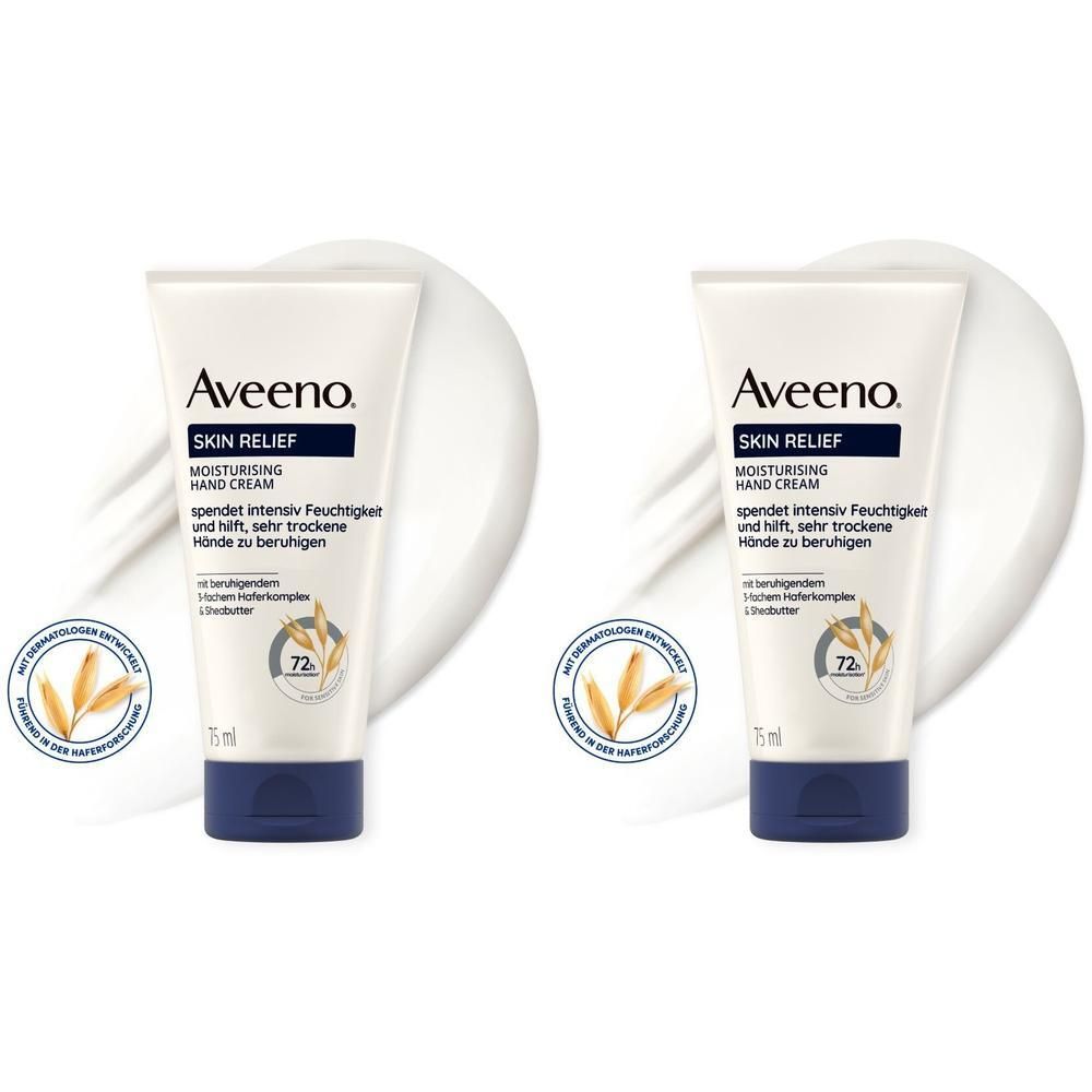 Zwei Tuben Handcreme. Weiß, mit blauem Deckel und Schriftzug. Marke: Aveeno Skin Relief. Enthält Haferkomplex.
