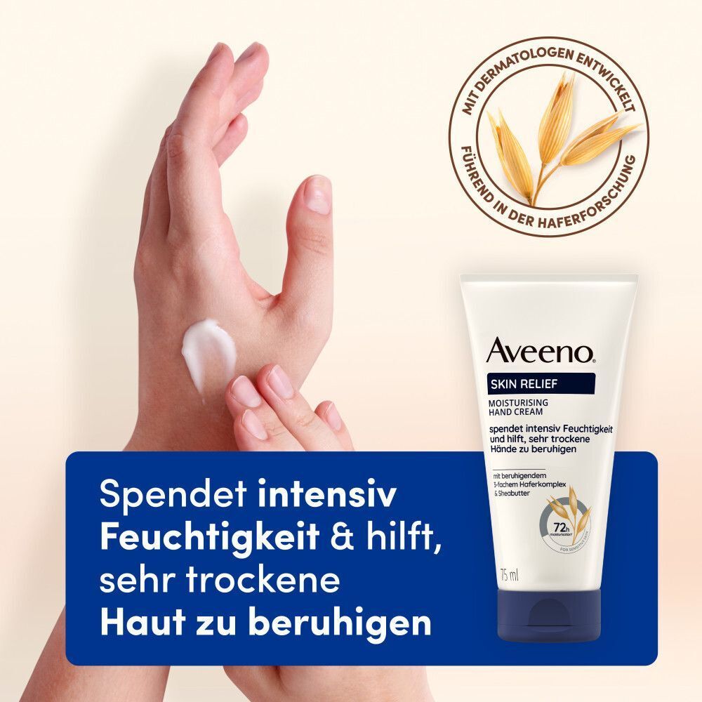 Handcreme-Tube wird auf Hand aufgetragen. Marke: Aveeno Skin Relief. Text: Spendet Feuchtigkeit & hilft, sehr trockene Haut zu beruhigen.