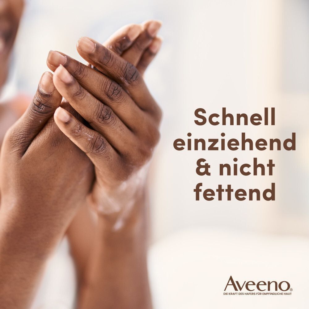 Hände, die Creme einreiben. Text: Schnell einziehend & nicht fettend. Marke: Aveeno.