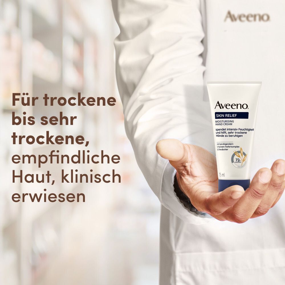 Hand hält Handcreme-Tube. Text: Für trockene bis sehr trockene, empfindliche Haut, klinisch erwiesen. Marke: Aveeno Skin Relief.