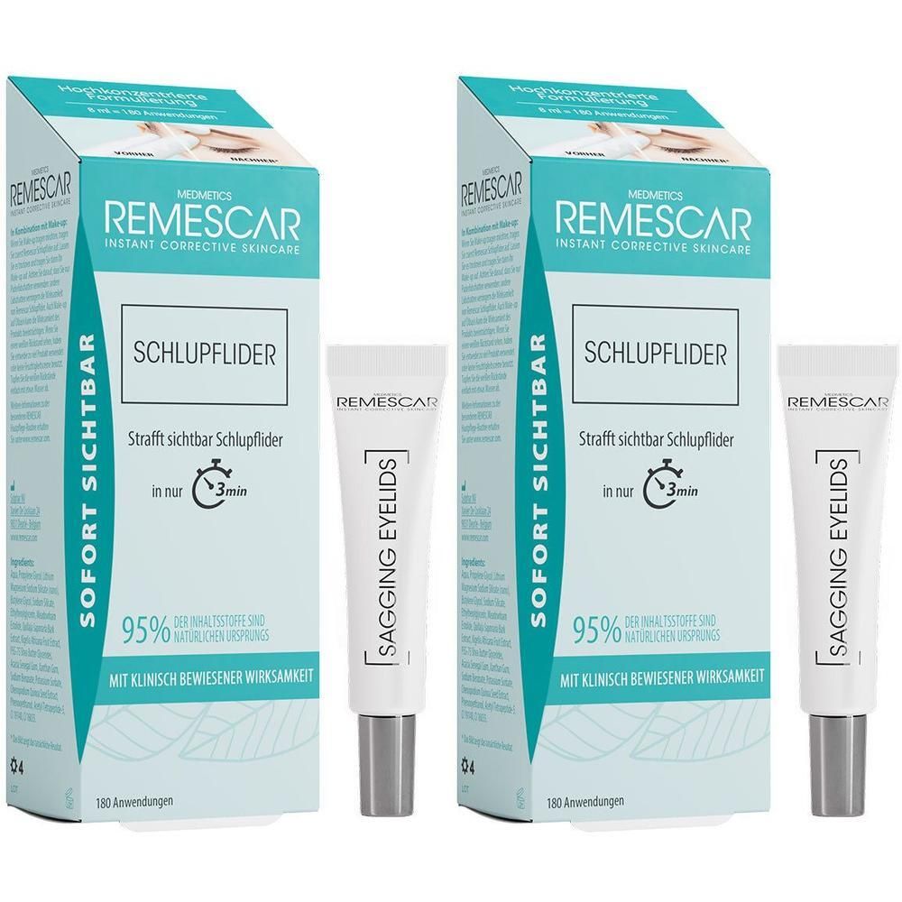 Zwei Packungen REMESCAR Schlupflider Augencreme mit Tuben. Verpackung mit Produktnamen, Text und Logo. Tuben mit Kappe.