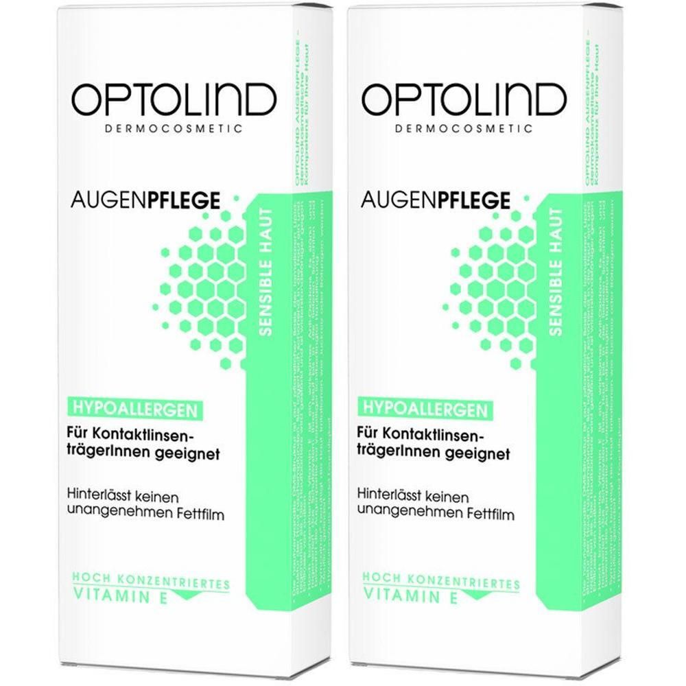 Zwei Schachteln OPTOLIND Augenpflege. Weiße Verpackung mit grünen Akzenten. Text: Augenpflege, Hypoallergen, für Kontaktlinsenträgerinnen geeignet.