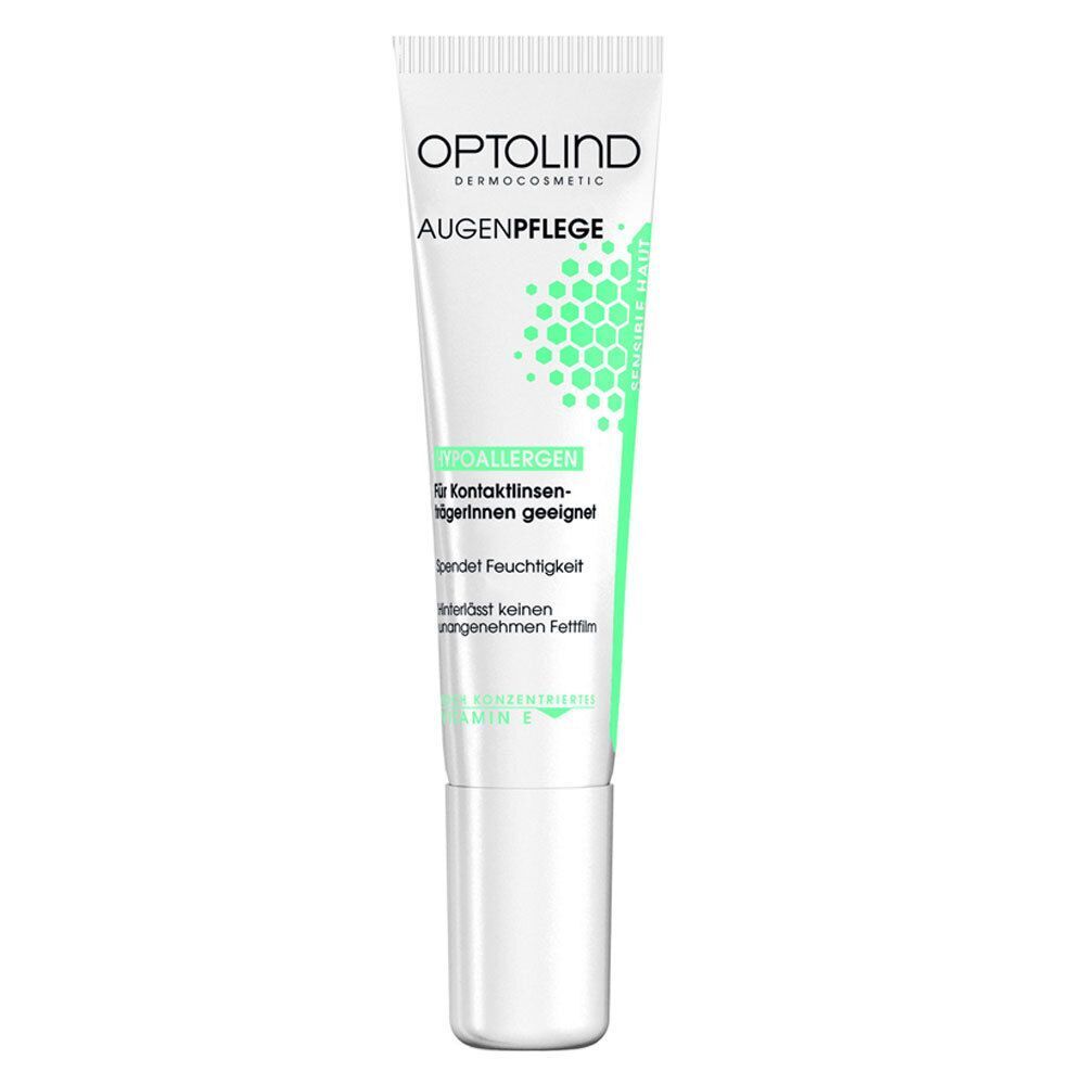 OPTOLIND Augenpflege Tube. Weiße Tube mit grünem Design. Text: Augenpflege, Hypoallergen, für Kontaktlinsenträgerinnen geeignet.