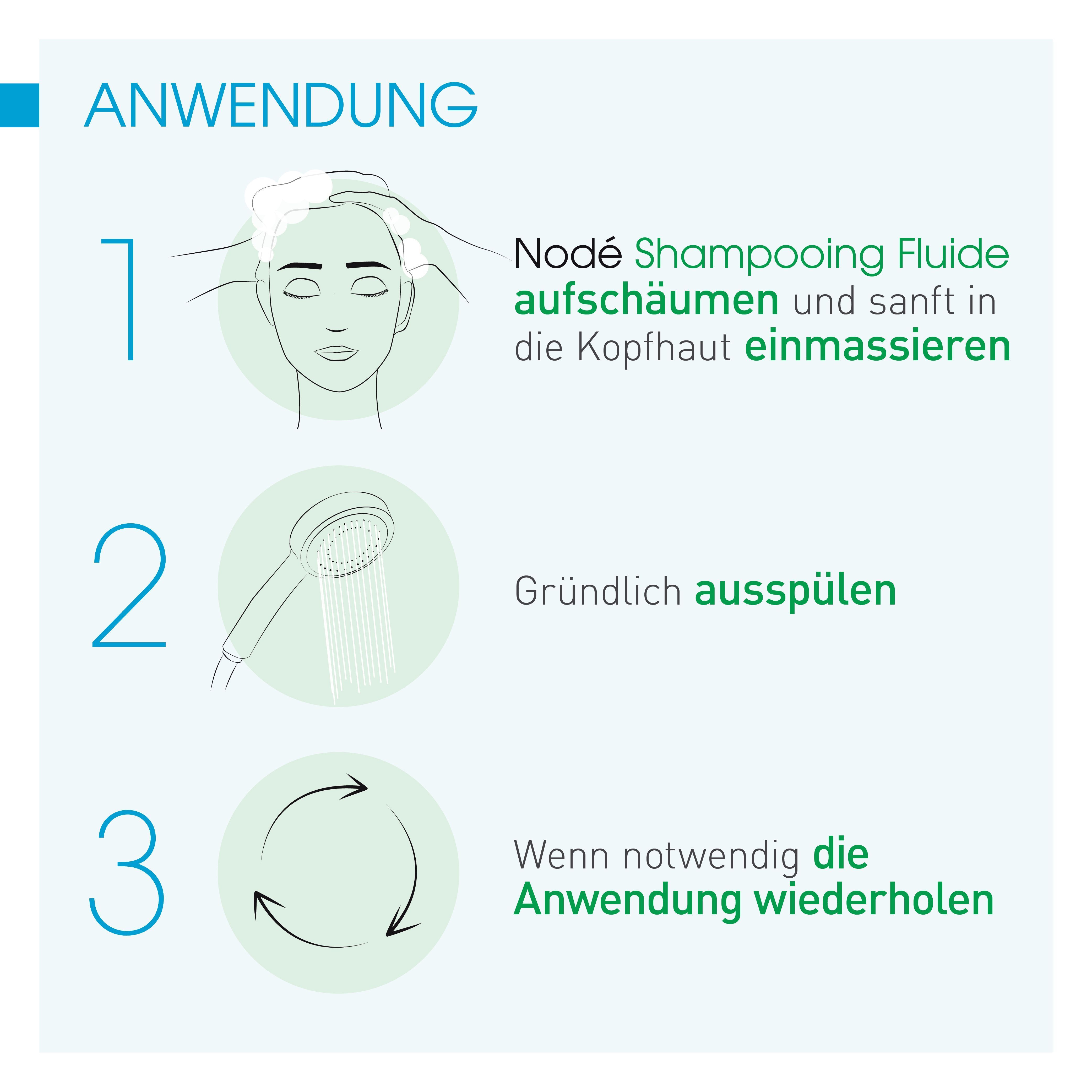 Anwendungshinweise für BIODERMA Nodé Shampooing fluide. Schritte: Aufschäumen, einmassieren, ausspülen, wiederholen.