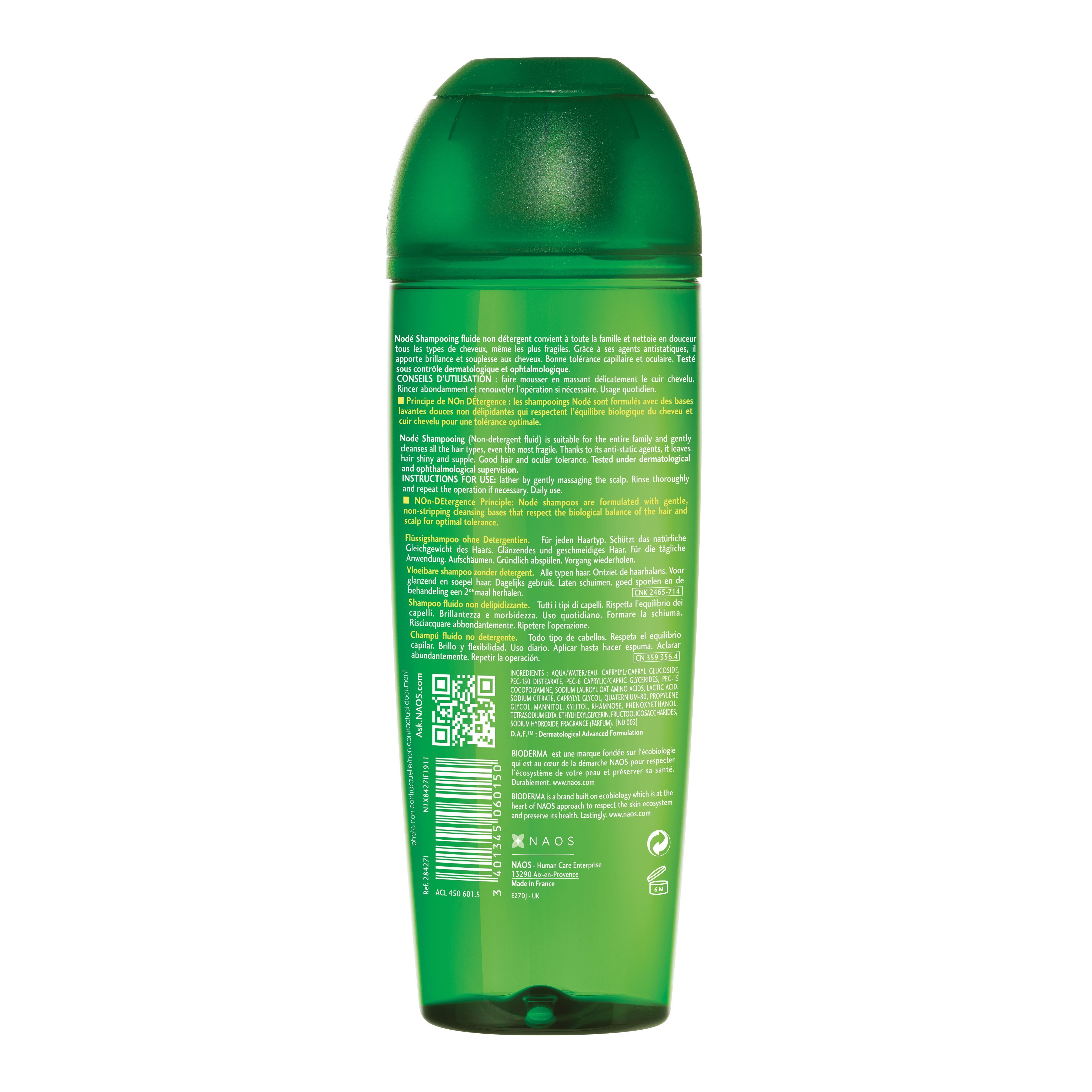 Rückseite einer grünen Flasche BIODERMA Nodé Shampooing fluide. Text in mehreren Sprachen, QR-Code, 200 ml, 6.7 FL.OZ.