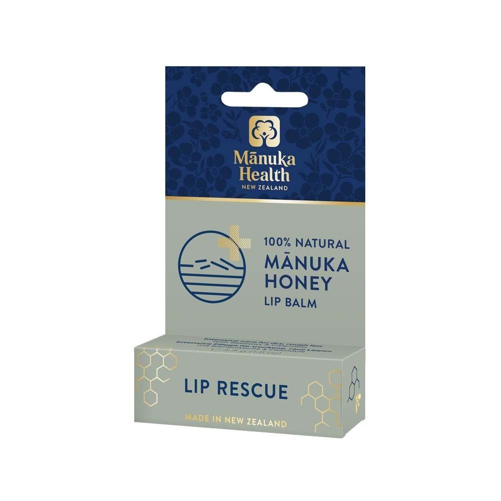 Lippenbalsam-Verpackung. Auf der Verpackung steht "100% NATURAL MANUKA HONEY LIP BALM" und "LIP RESCUE".