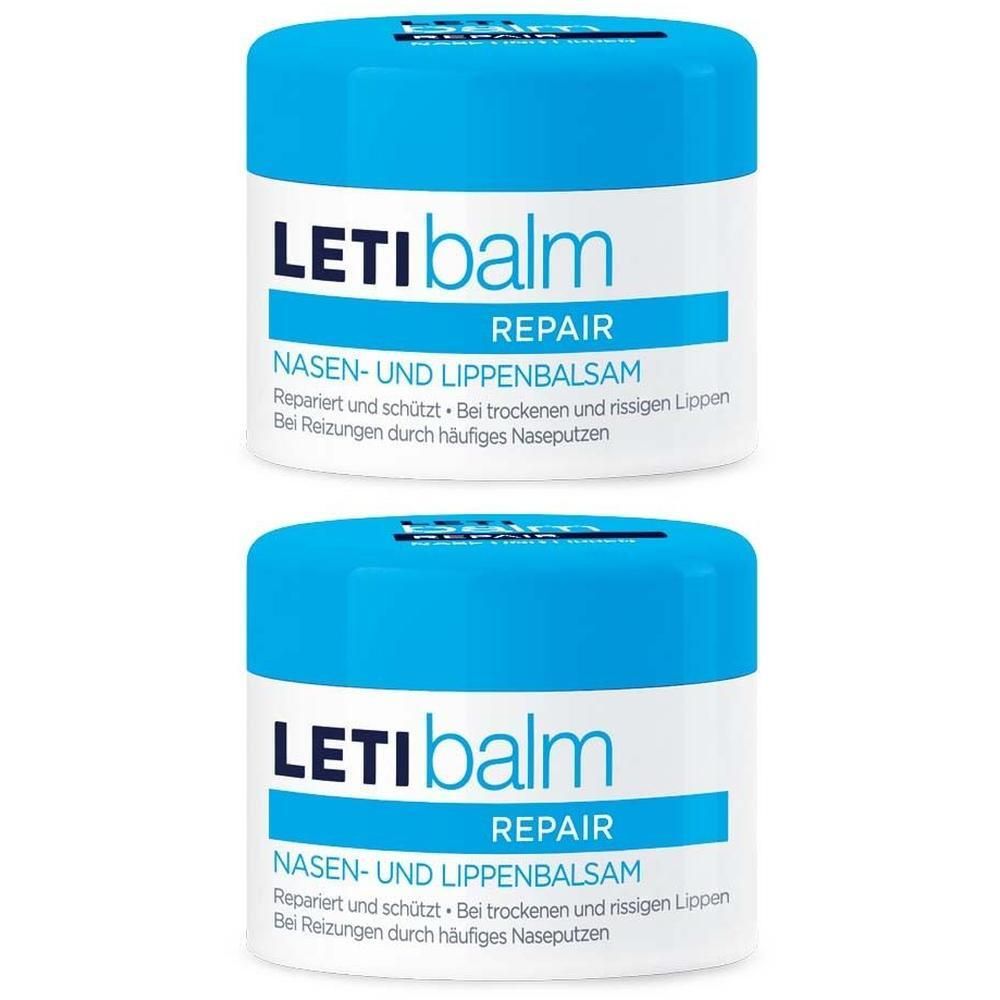 Zwei Tiegel LETIBALM Nasen- und Lippenbalsam. Weiße Tiegel mit blauem Deckel und Schriftzug.