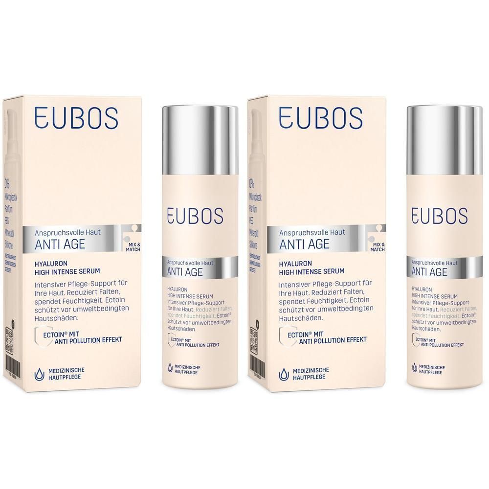 EUBOS HYALURON High Intense Serum und Verpackung. Mehrere Flaschen und Boxen nebeneinander. Produktname und Logo sichtbar.