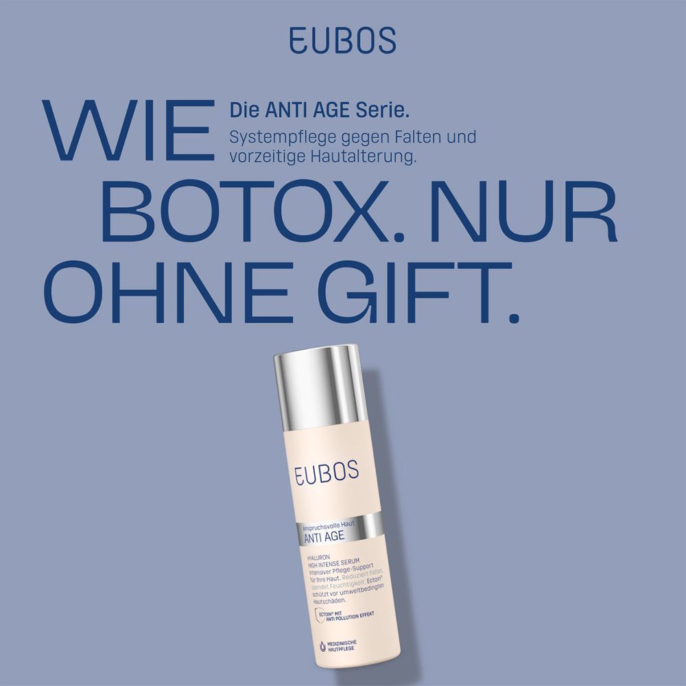 EUBOS HYALURON High Intense Serum. Flasche vor blauem Hintergrund. Text: Wie Botox. Nur ohne Gift.