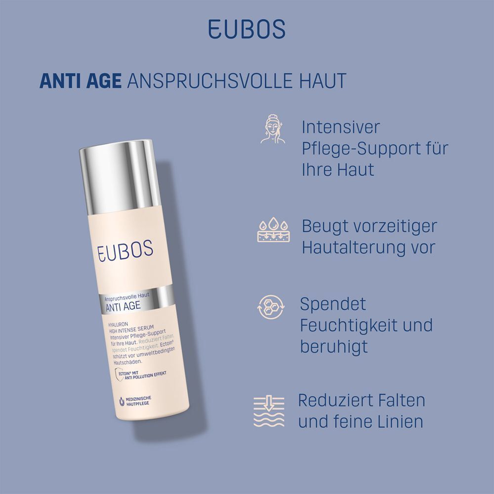 EUBOS HYALURON High Intense Serum. Flasche vor blauem Hintergrund. Text: Anti Age, Intensiver Pflege-Support, reduziert Falten.