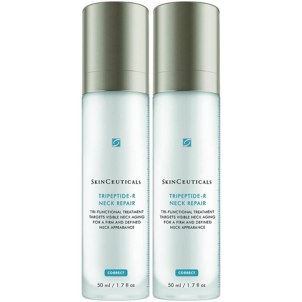 Zwei Flaschen SkinCeuticals TRIPEPTIDE-R NECK REPAIR. Weiße Flaschen mit silbernen Deckeln. Text: Tri-Functional Treatment, 50 ml.