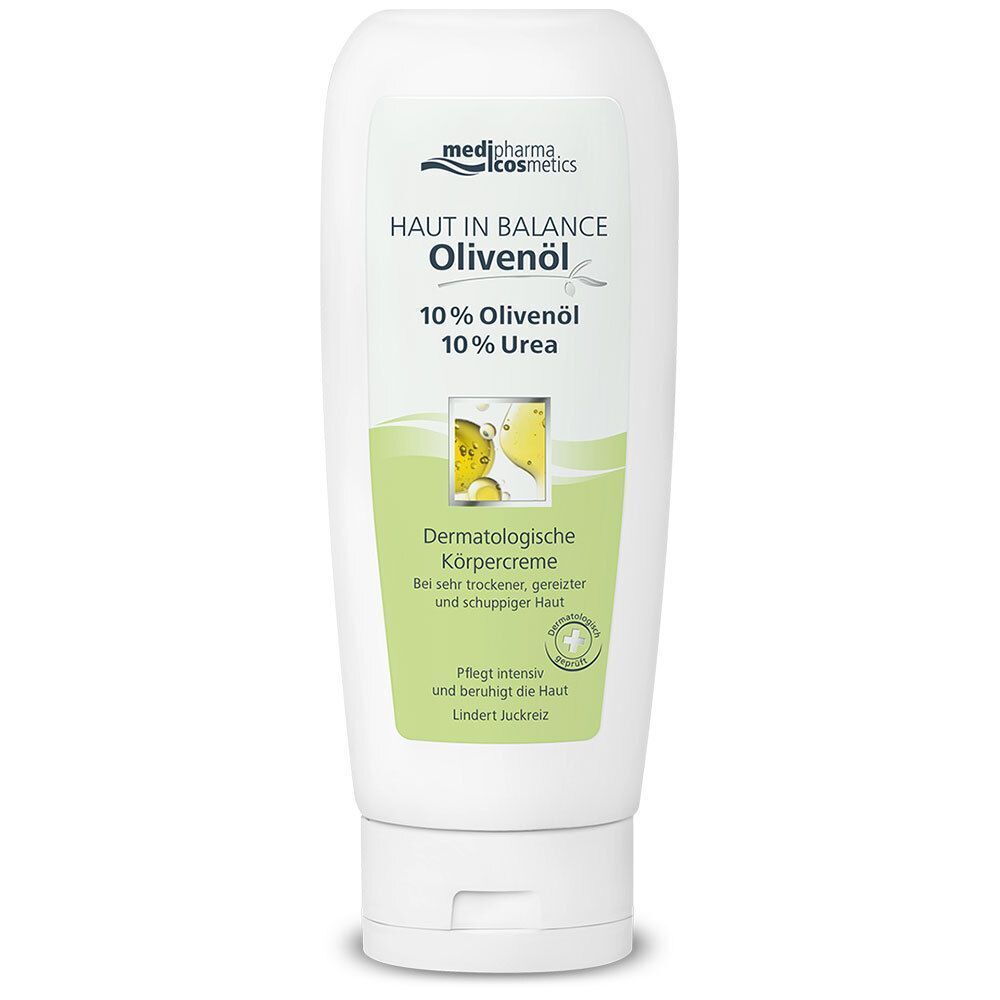 Weiße Tube medipharma cosmetics Olivenöl Haut in Balance Körpercreme. Grünes Etikett mit Text. Produktansicht.