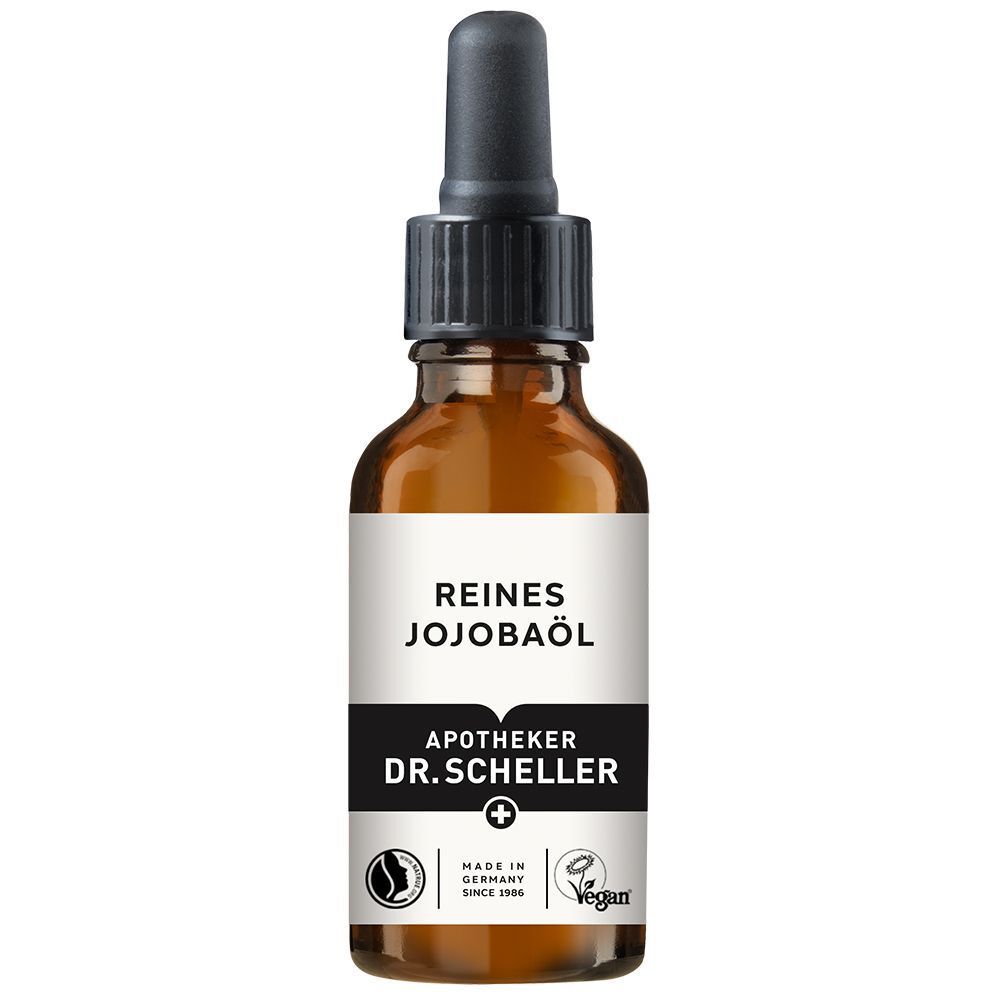 Braune Glasflasche mit Pipette. Aufschrift: Reines Jojobaöl, Apotheker DR.SCHELLER. Vegan-Siegel.