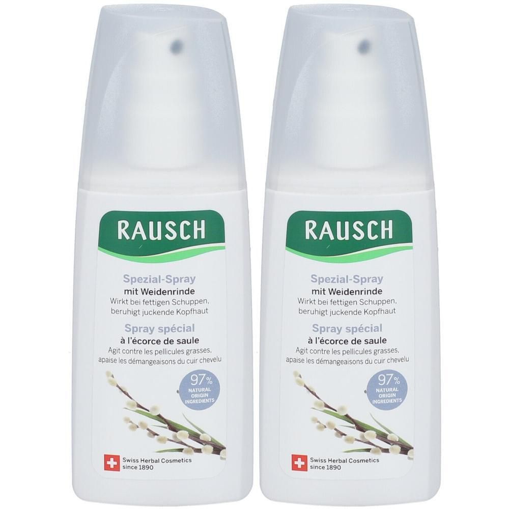 Zwei weiße Sprühflaschen mit grünen Etiketten. Aufschrift: RAUSCH Spezial-Spray mit Weidenrinde. Schweizer Kräuterkosmetik.