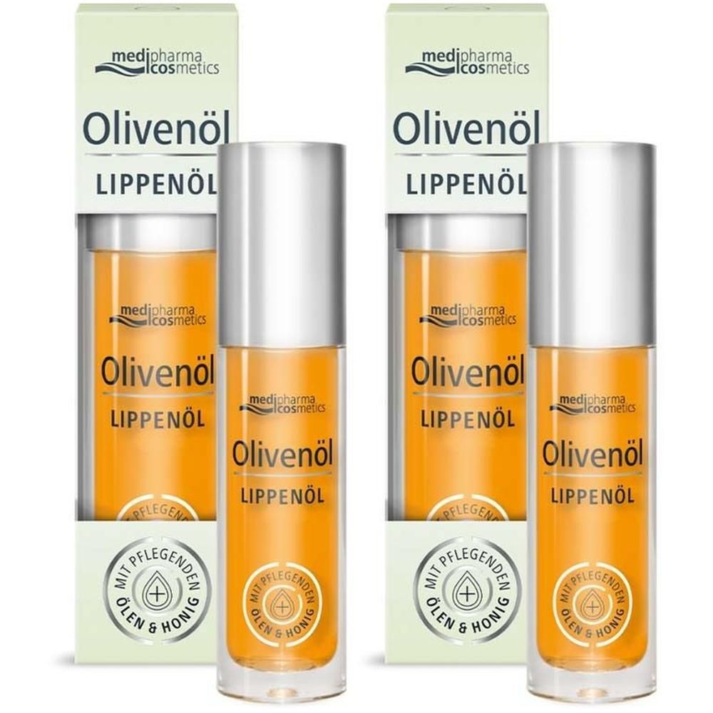 Zwei Flaschen Olivenöl Lippenöl mit Verpackung. Aufschrift: medi-pharma cosmetics, Olivenöl Lippenöl, mit pflegenden Ölen & Honig.
