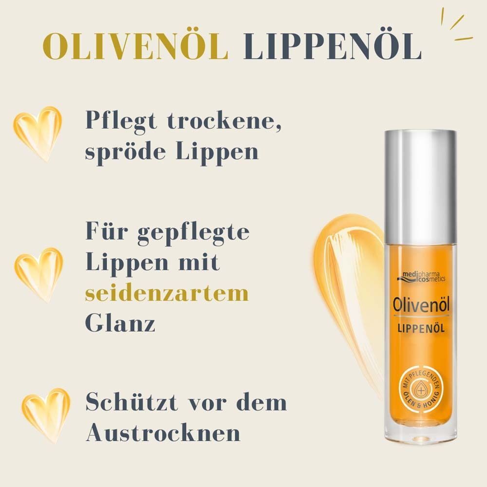 Eine Flasche Olivenöl Lippenöl. Text: Pflegt trockene, spröde Lippen. Für gepflegte Lippen mit seidenzartem Glanz. Schützt vor dem Austrocknen.