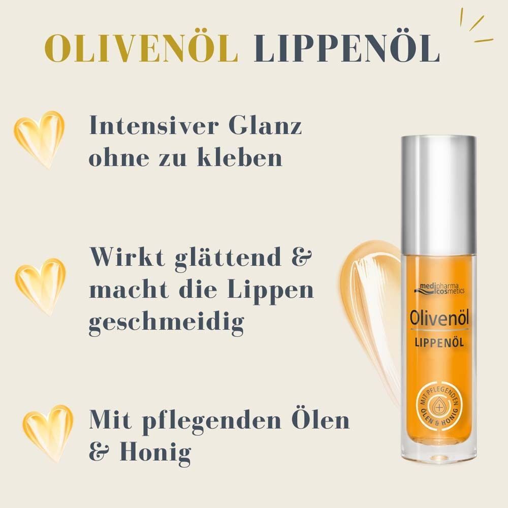 Eine Flasche Olivenöl Lippenöl. Text: Intensiver Glanz ohne zu kleben. Wirkt glättend & macht die Lippen geschmeidig. Mit pflegenden Ölen & Honig.