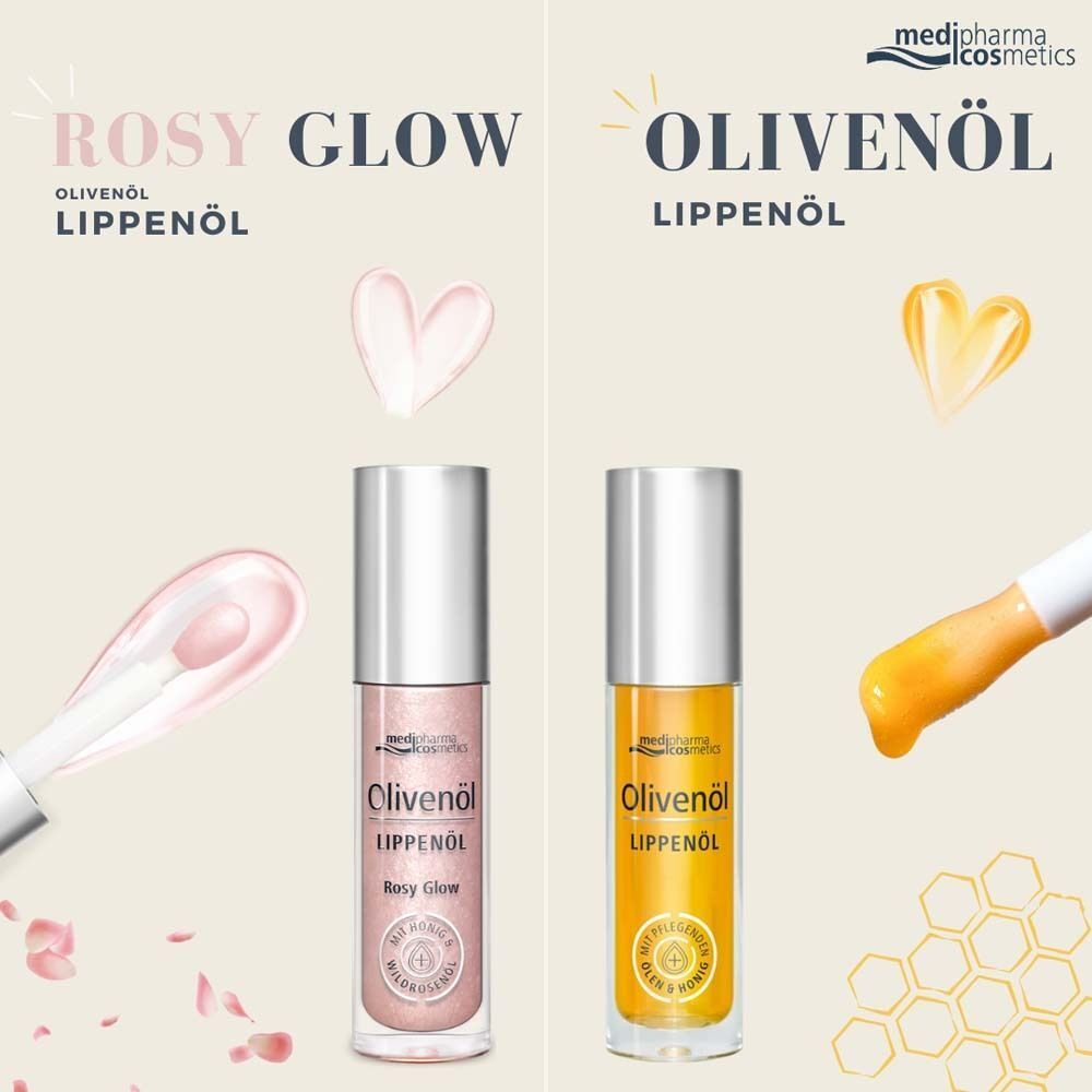 Zwei Flaschen Olivenöl Lippenöl und Rosy Glow Lippenöl. Text: medi-pharma cosmetics, Olivenöl Lippenöl, Rosy Glow Lippenöl.