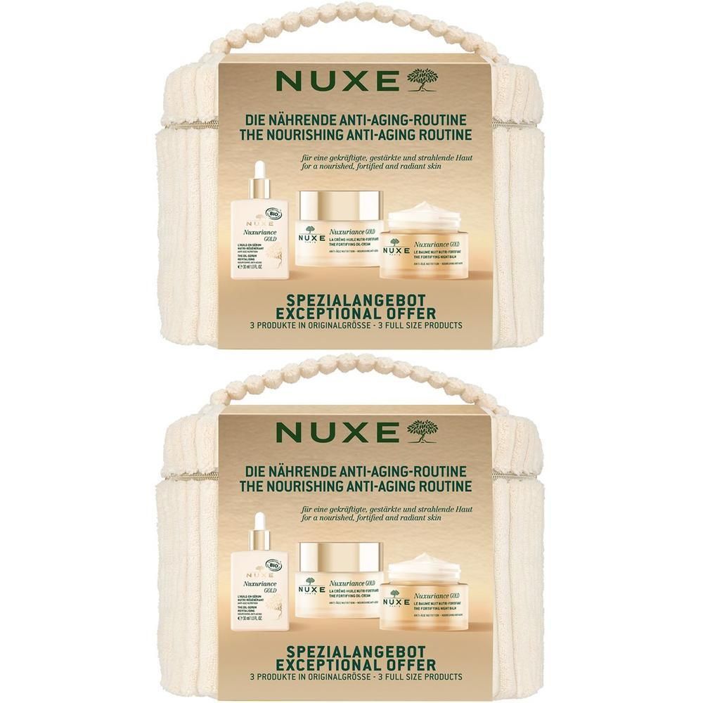 Geschenkset mit drei Produkten. Aufschrift: NUXE, Anti-Aging-Routine. Beige Verpackung mit Griff. Spezialangebot.