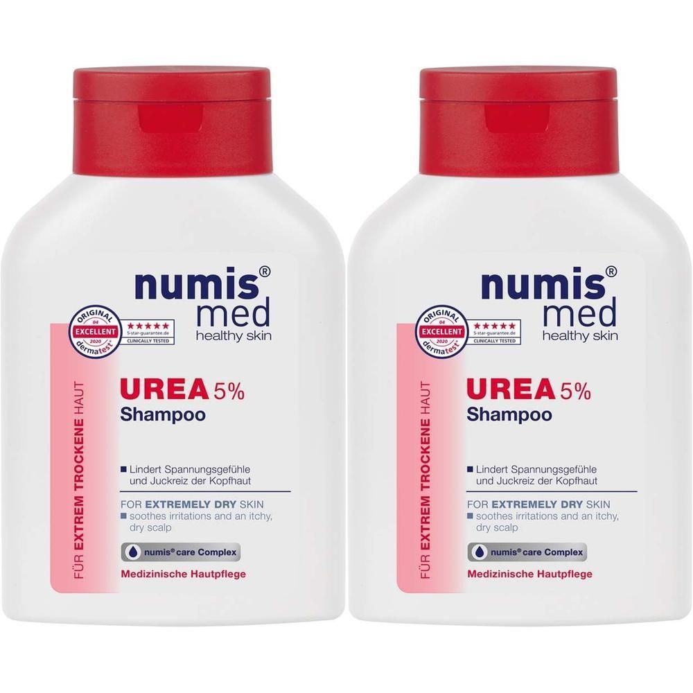 Zwei weiße Flaschen mit rotem Deckel. Aufschrift: numis med, UREA 5% Shampoo. Für extrem trockene Haut. Medizinische Hautpflege.