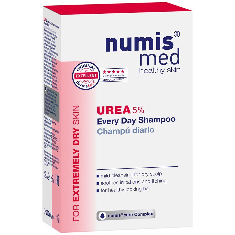 Weiße Verpackung mit rotem Deckel. Aufschrift: numis med, UREA 5% Every Day Shampoo. Für extrem trockene Haut. Dermatologisch getestet.