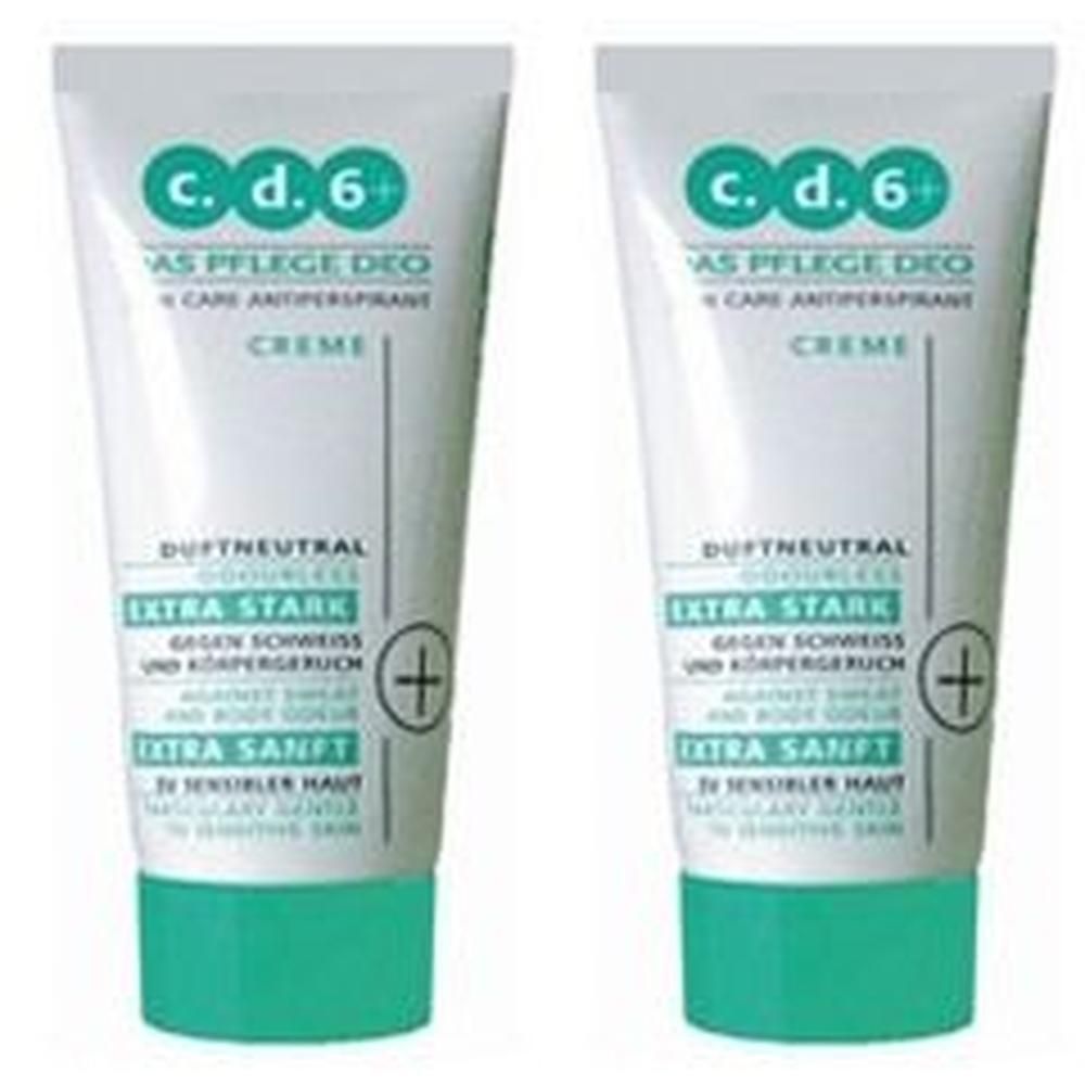 Zwei Tuben Creme mit grünem Verschluss. Aufschrift: c.d.6+, AS PFLEGE DEO, EXTRA STARK, EXTRA SANFT.