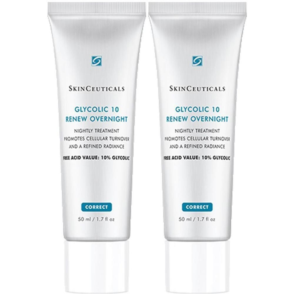 Zwei Tuben Skinceuticals Glycolic 10 Renew Overnight. Weiße Tuben mit blauer Schrift und Logo. 50 ml.