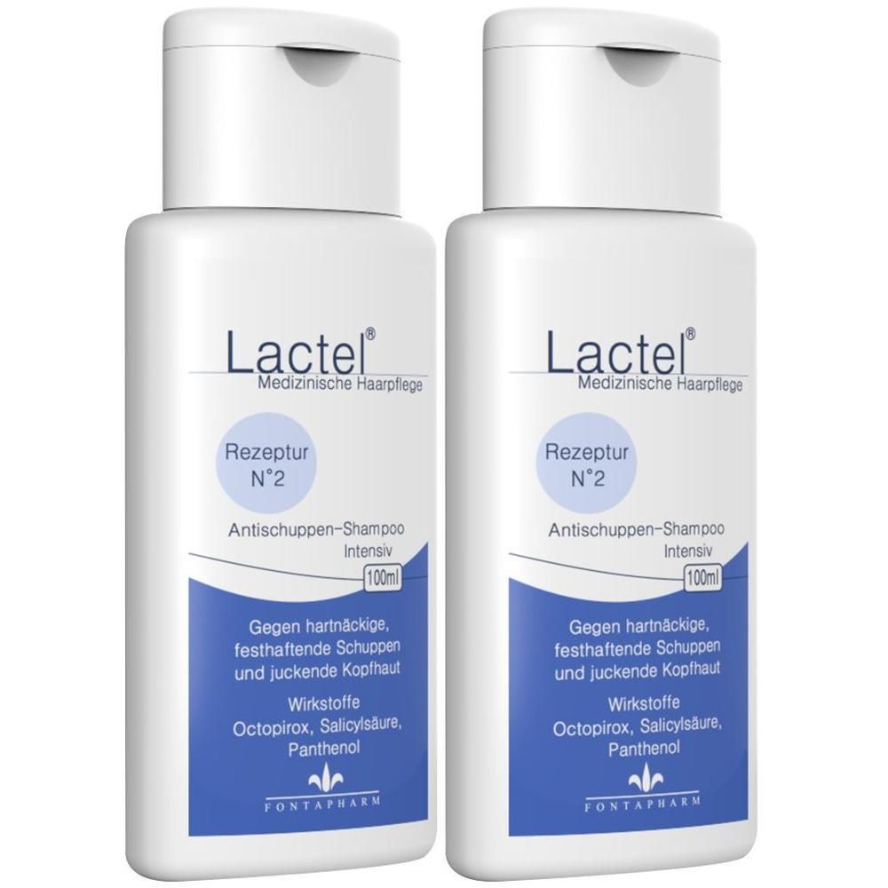 Zwei weiße Flaschen Lactel Nr. 2 Shampoo gegen Schuppen. Blaue Etiketten mit Produktinformationen und Schriftzug. Medizinische Haarpflege.